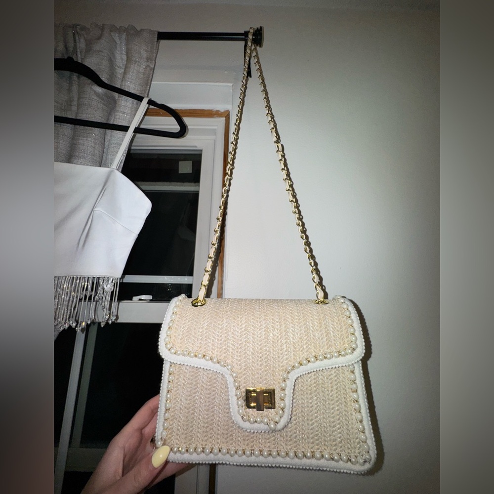 Cream Woven Cross-Body Bag with Gold Chain